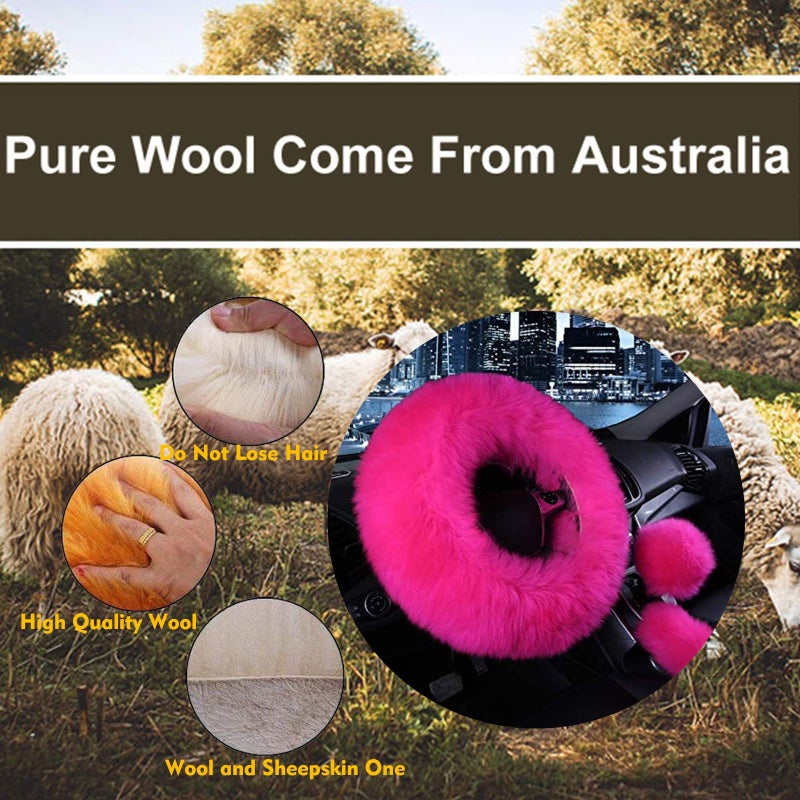 SPANICE 3 Pcs Car Steering Wheel Cover & Handbrake Cover & Gear Shift Cover Set Faux Wool Warm Winter (Rose Red) - Image 3